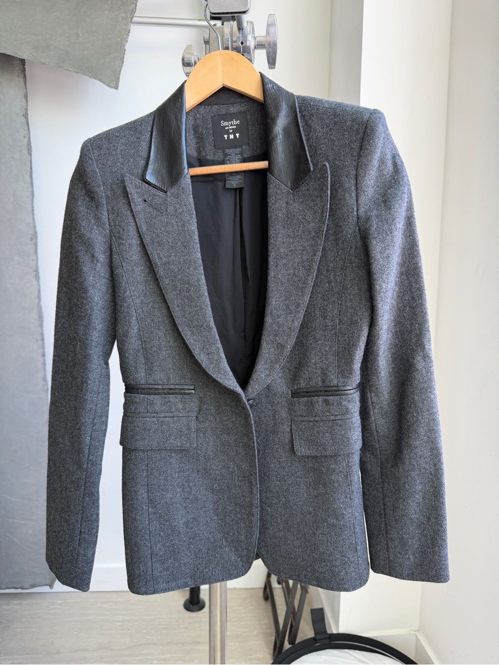 Smythe Charcoal Gray Wool-Blend Blazer with Black Leather Collar